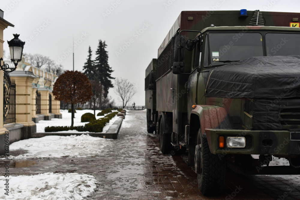 military trucks near Parliament of Ukraine