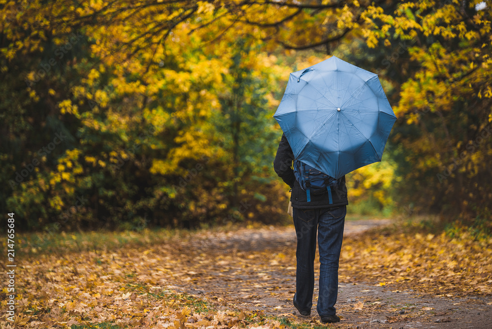 Man under blue umbrella walks in the park in autumn