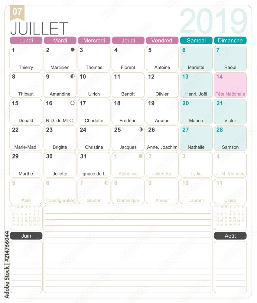 French Calendar - July 2019 / French printable monthly calendar template, including name days, lunar phases and official holidays. Stock Vector | Adobe Stock french-calendar-july-2019-french-printable-monthly-calendar-template-including-name-days-lunar-phases-and-official-holidays-stock-vector-adobe-stock