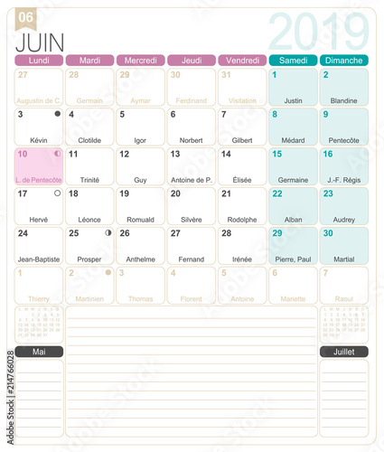 French Calendar - June 2019 / French printable monthly calendar template, including name days, lunar phases and official holidays.