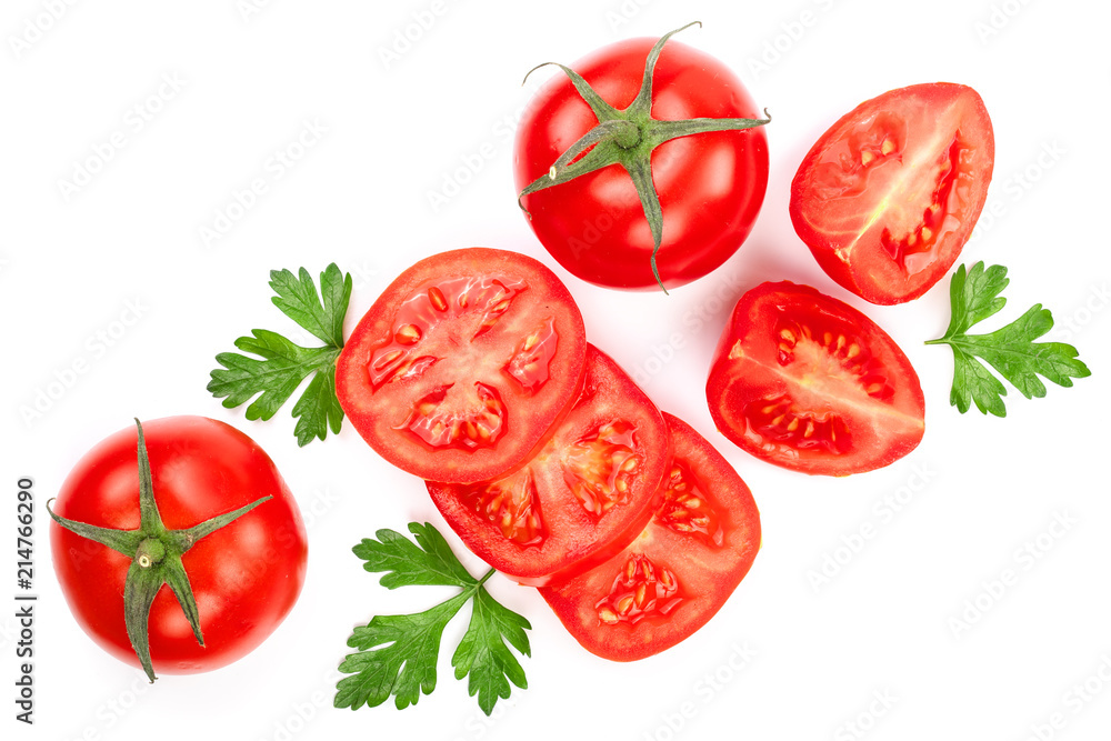 tomatoes with parsley leaves isolated on white background. Top view. Flat lay tomatoes with parsley leaves isolated on white background. Top view. Flat lay