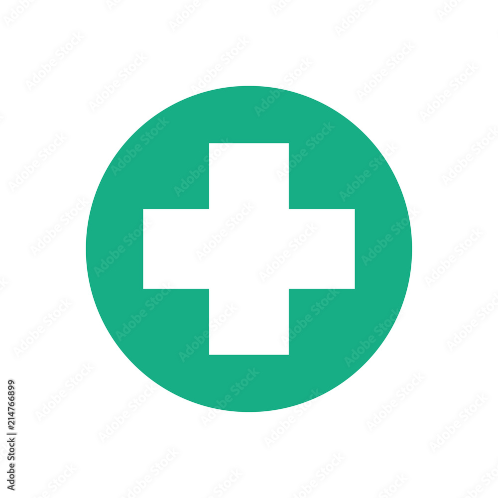 White cross in the green circle on white background White cross in the green circle on white background