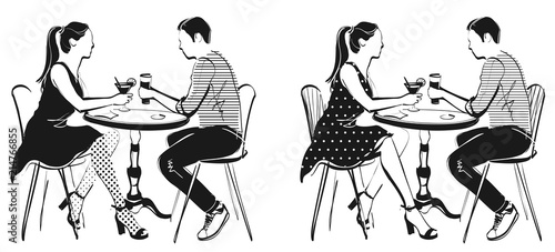 guy and girl at a cafe table, stylized drawing, vector illustration, isolated object