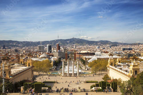 View of Barcelona and esplanade-avenida by queen Mary-Christina from the national Palace, Barcelona, Catalonia, Spain photo
