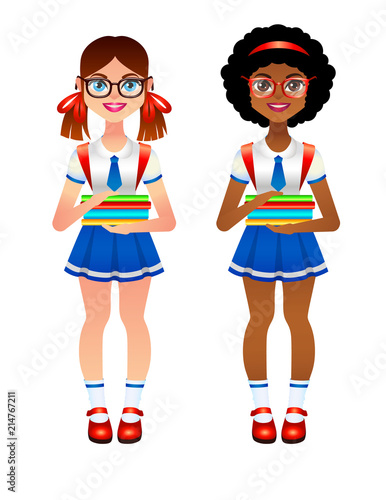 Vector colorful set of different nationalities kids going to school with books at hands. Illustration of smiling girl wearing school uniform, glasses and backpack behind.