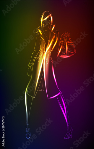 Hand-drawn fashion model from a neon. A light girl's. Fashion illustration.