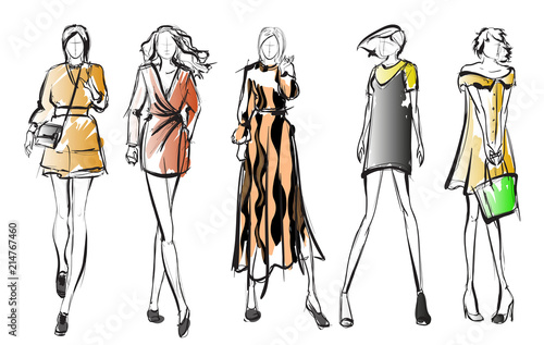 Sketch. Fashion Girls on a white background. Vector illustration.