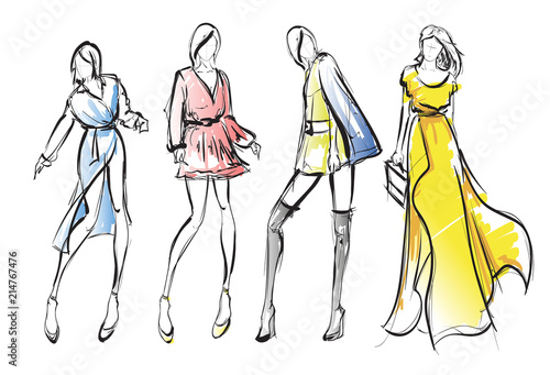 Sketch. Fashion Girls on a white background. Vector illustration.