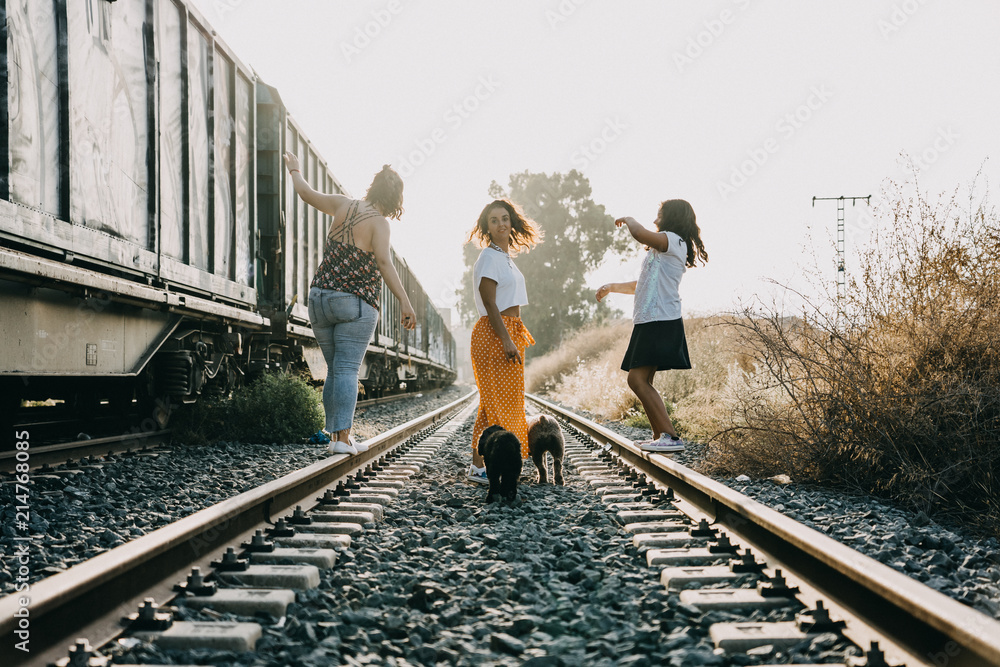 .Group of friends walking on an abandoned train track on a nice summer afternoon. Walking with their dogs in a fun and relaxed attitude. Lifestyle.