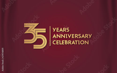 35 Years Anniversary Logotype with  Golden Multi Linear Number Isolated on Red Curtain Background