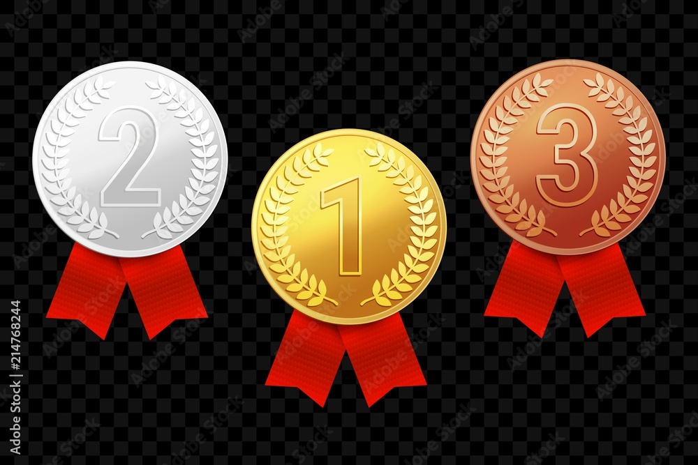 Gold, silver and bronze award medals with red ribbons. Vector illustration Gold, silver and bronze award medals with red ribbons. Vector illustration