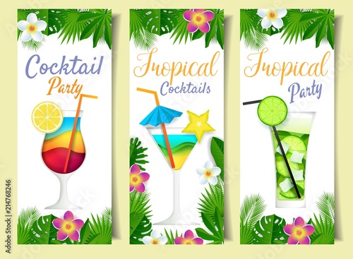 Vector paper cut cocktail summer drink banner set