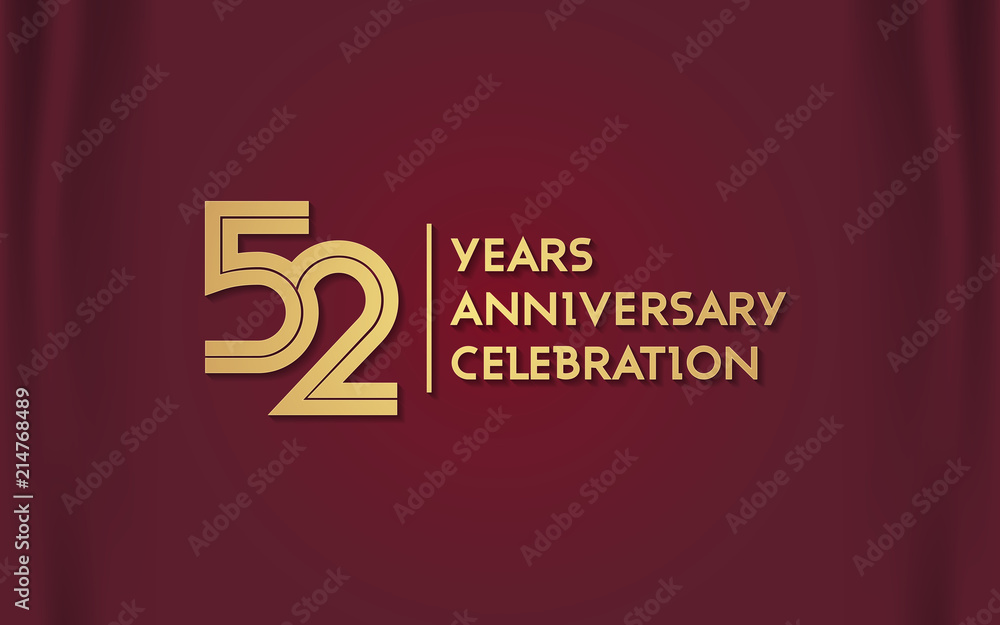 52 Years Anniversary Logotype with  Golden Multi Linear Number Isolated on Red Curtain Background