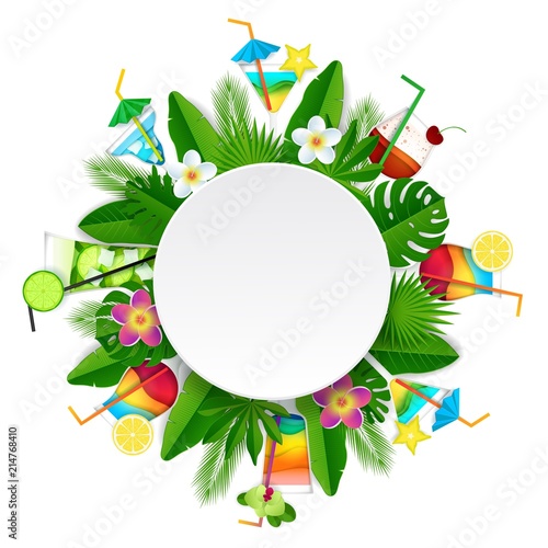Vector paper cut tropical cocktail round frame