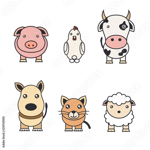 Color illustrations of animals on a farm and pets.