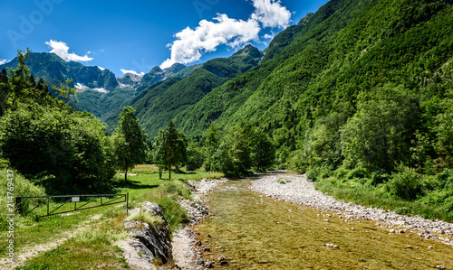 Idyllic mountain river in Lepena valley  Soca - Bovec Slovenia.