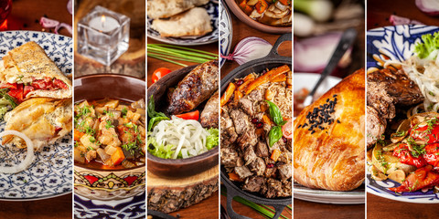 The concept of Traditional Eastern, Asian. Arabic cuisine. Seth from different dishes. background image.