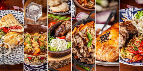 The concept of Traditional Eastern, Asian. Arabic cuisine. Seth from different dishes. background image. photo