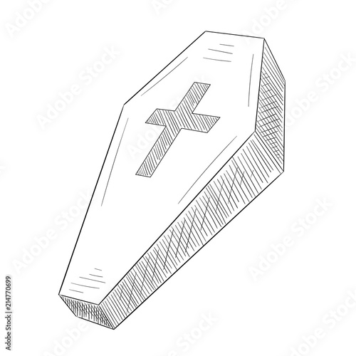 Hand-drawn coffin sketch with cross on white background.