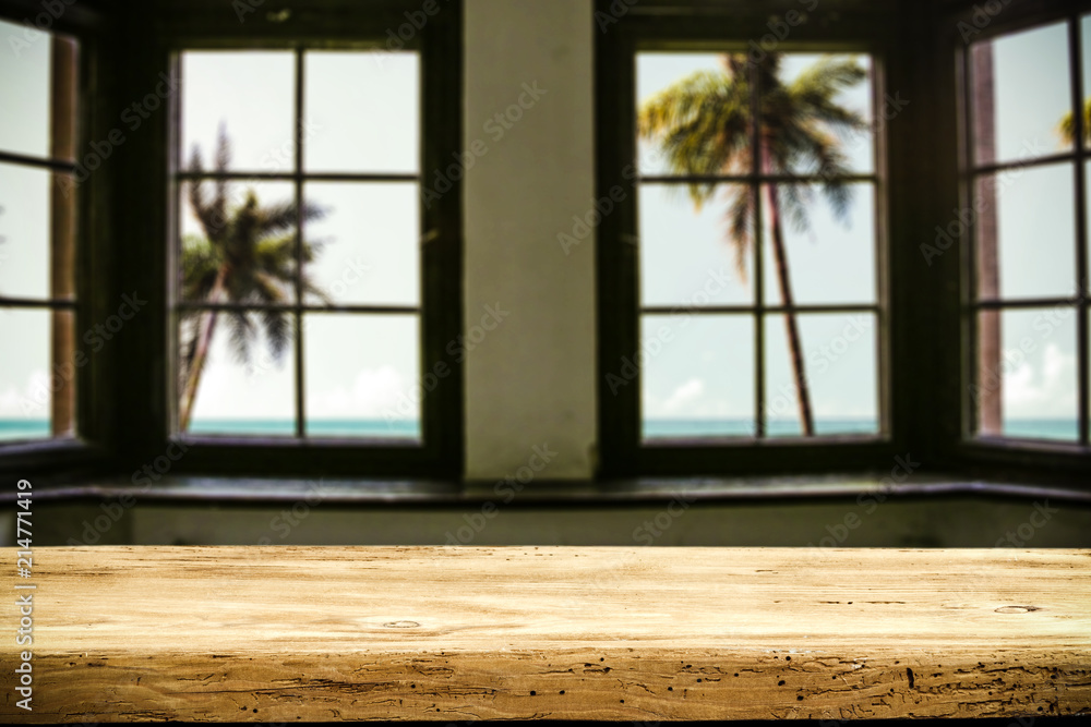 Table background of free space and window background with palms. Summer time. Table background of free space and window background with palms. Summer time.