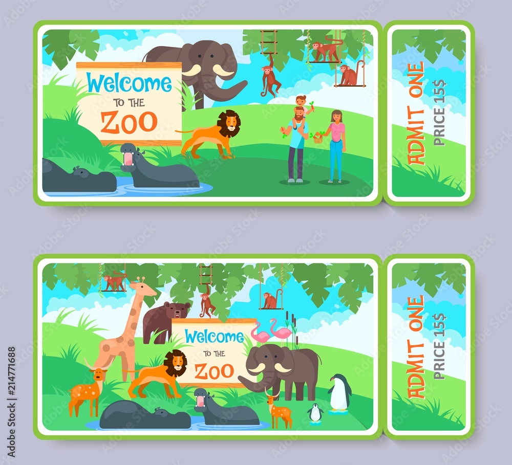 Zoo admission ticket vector template set
