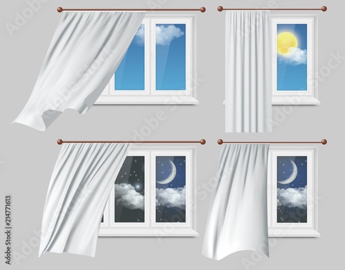 Windows with white curtains vector illustration