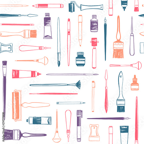 Art supplies, printmaking tools, artist equipment seamless vector pattern. Flat lay illustration, colorful background. Uneven hand drawn brush, pen, marker, roller, cutter, crayon, paint tube.