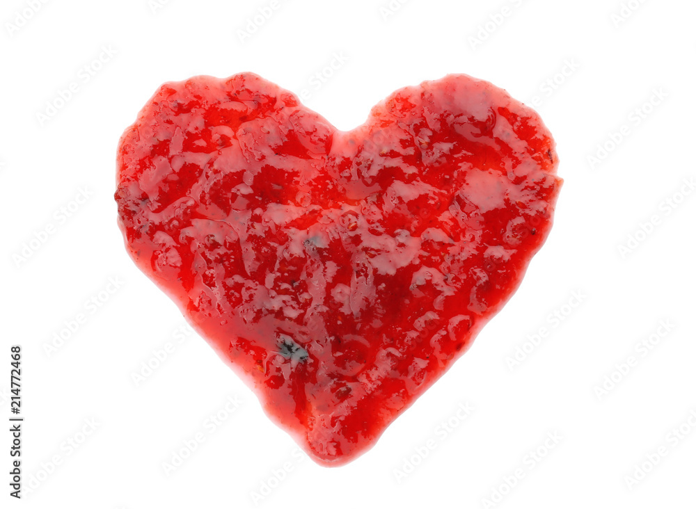Heart made of sweet raspberry jam on white background
