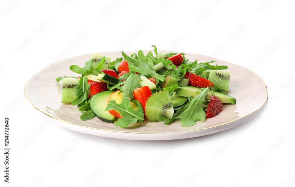 Plate with delicious healthy fresh salad on white background