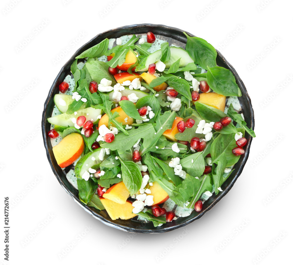 Plate with delicious healthy fresh salad on white background