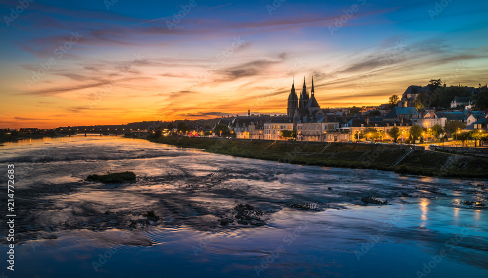 Sunset image of Blois and the Loire River, France