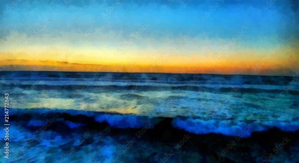 Fototapeta premium Hand drawing watercolor art on canvas. Artistic big print. Original modern painting. Acrylic dry brush background. Seascape. Waves that bring peace and composure. 