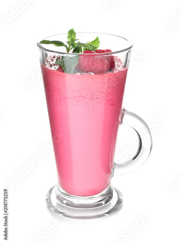 Glass with tasty raspberry smoothie on white background