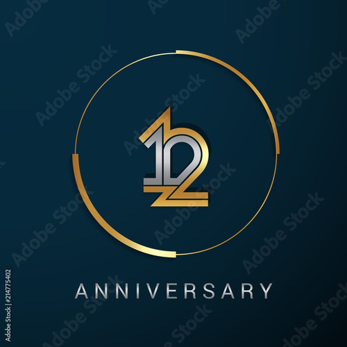 12 Years Anniversary Logotype with  Gold and Silver Multi Linear Number in a Golden Circle , Isolated on Dark Background