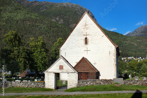 Old stone church in Kinsarvik village, Hordaland county, Norway, originally built in 1050