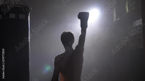 Shirtless boxer cheering about victory, winner raising hand in gloves, smoke and bright illumination