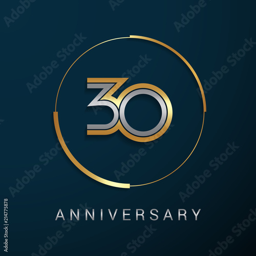 30 Years Anniversary Logotype with  Gold and Silver Multi Linear Number in a Golden Circle , Isolated on Dark Background