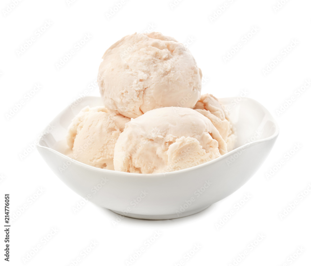 Bowl with delicious ice-cream on white background