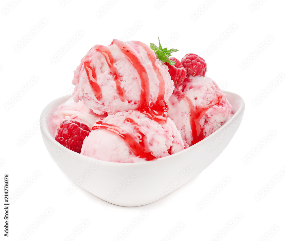 Bowl with delicious raspberry ice-cream on white background Bowl with delicious raspberry ice-cream on white background