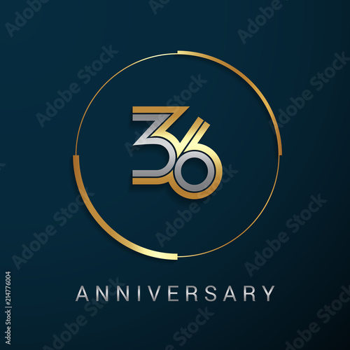 36 Years Anniversary Logotype with  Gold and Silver Multi Linear Number in a Golden Circle , Isolated on Dark Background