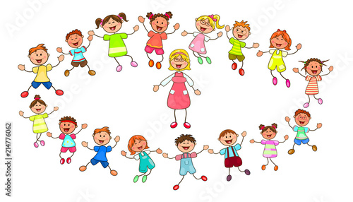 Teacher and young children. Joyful little children and a teacher 