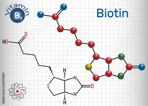 Biotin (vitamin B7). Structural chemical formula and molecule model. Sheet of paper in a cage