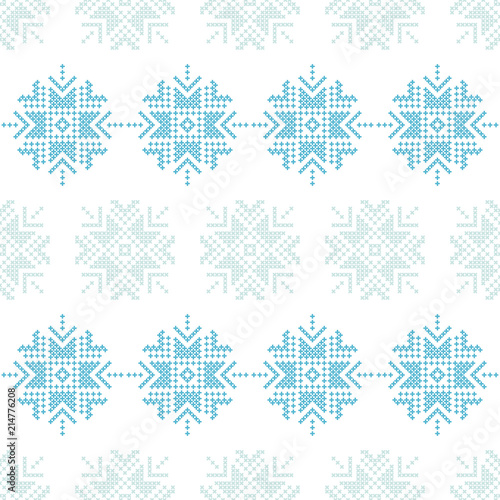 Cross stitch Norwegian snowflakes. Seamless vector background. Folk motives. Winter pattern. Textile rapport.