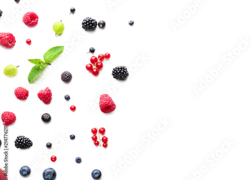 Delicious ripe berries on white background, top view