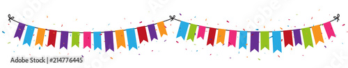 Colorful Party Flags With Confetti And Ribbons On White Background. Celebration and Birthday Design
