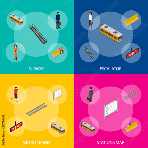 Subway Station Element Banner Set Isometric View. Vector