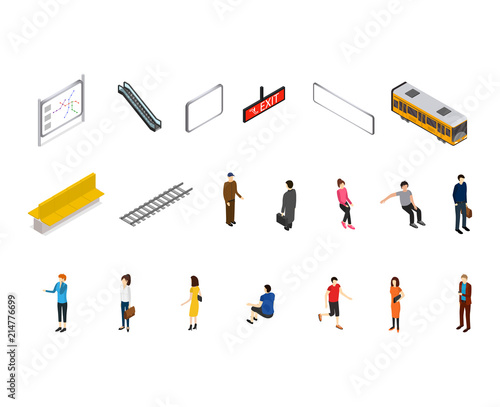 Subway Station Icons Isometric View. Vector