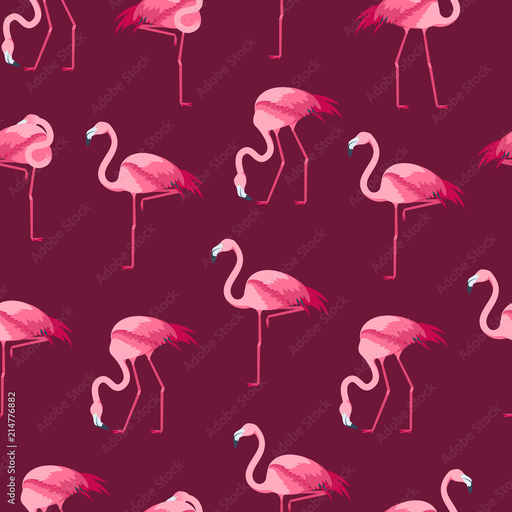 Obraz premium Cartoon Pink Flamingo Bird Seamless Pattern Background. Vector
