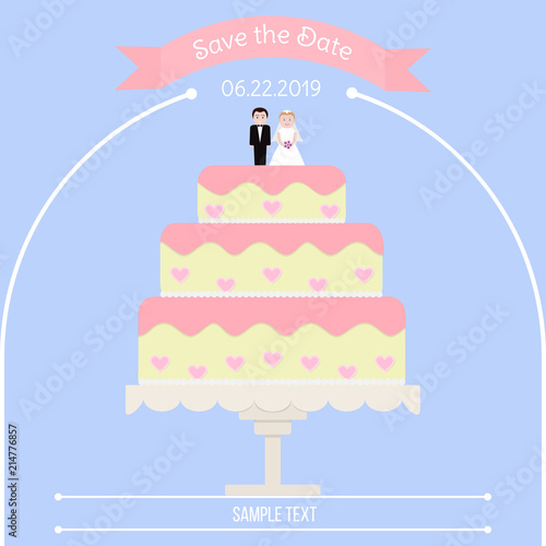 Vector illustration with wedding cake, figurines of bride and groom and ribbon with lettering Save the date on blue background. For greeting card, party (entertainment) invitation, banner, poster.
