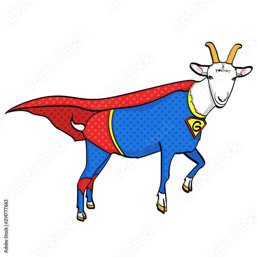 Isolated object on white background. Flies Goat Animal Dressed As Superhero With clothes Vigilante Character. Comic style, vector